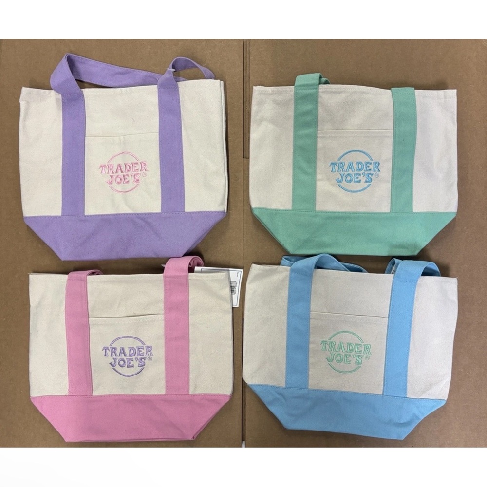 Trader Joe’s Mini Pastel Canvas Tote Bag Set - Purple, Green, Blue, Pink